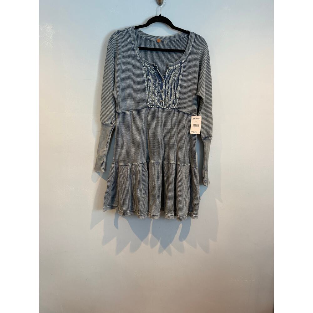 Free People Blue Waffle Knit Babydoll Tunic Top Size Small Boho